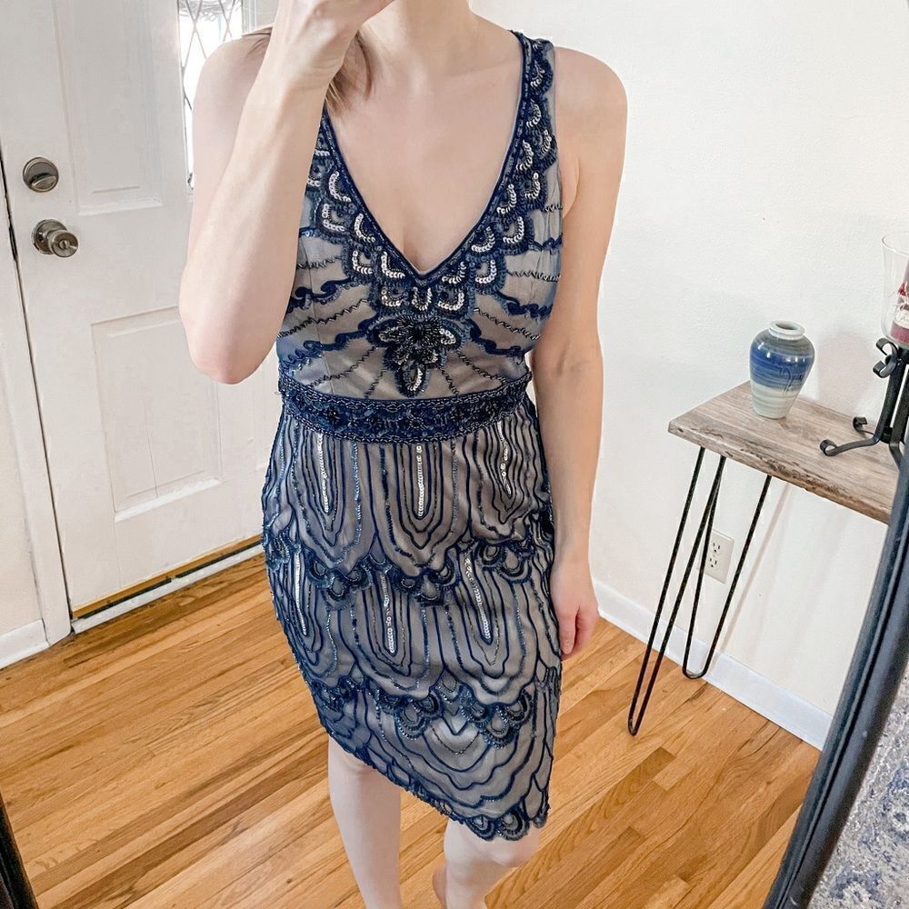 Sue Wong Beaded Sequin Flapper Mini Dress Blue 10 - Picture 7 of 7